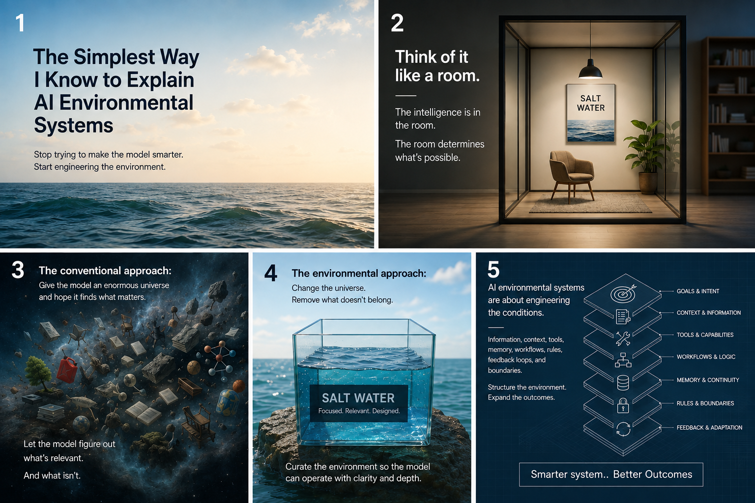 Five-part visual explanation of AI environmental systems using salt water, a room, a conventional information universe, a constrained environment, and systems architecture.